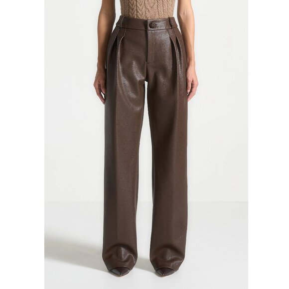 Maniere de Voir Pebbled Leather Pleated Stacked Trousers - Brown. Size 0. NWT - Picture 6 of 9